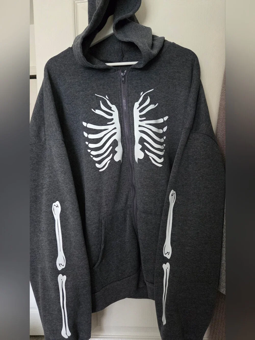 Unisex Dark Gray Skeleton Print Zip Hoodie Sweatshirt
